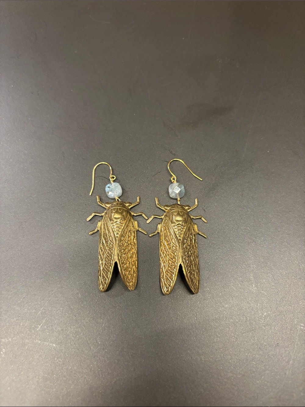 Gold Tone Cicada Drop Earrings with Blue Bead. Lightweight.